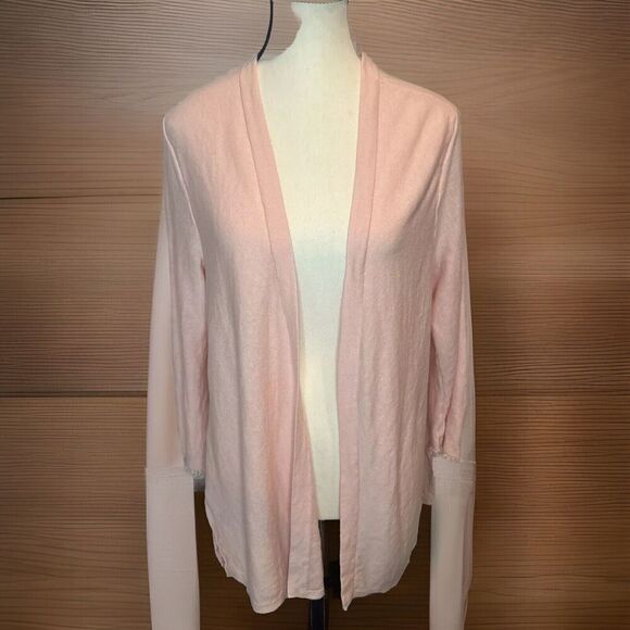 J.Jill PINK Linen Blend Open Front Fringe Hem 3/4 Sleeve Cardigan Sz Large - Picture 1 of 9